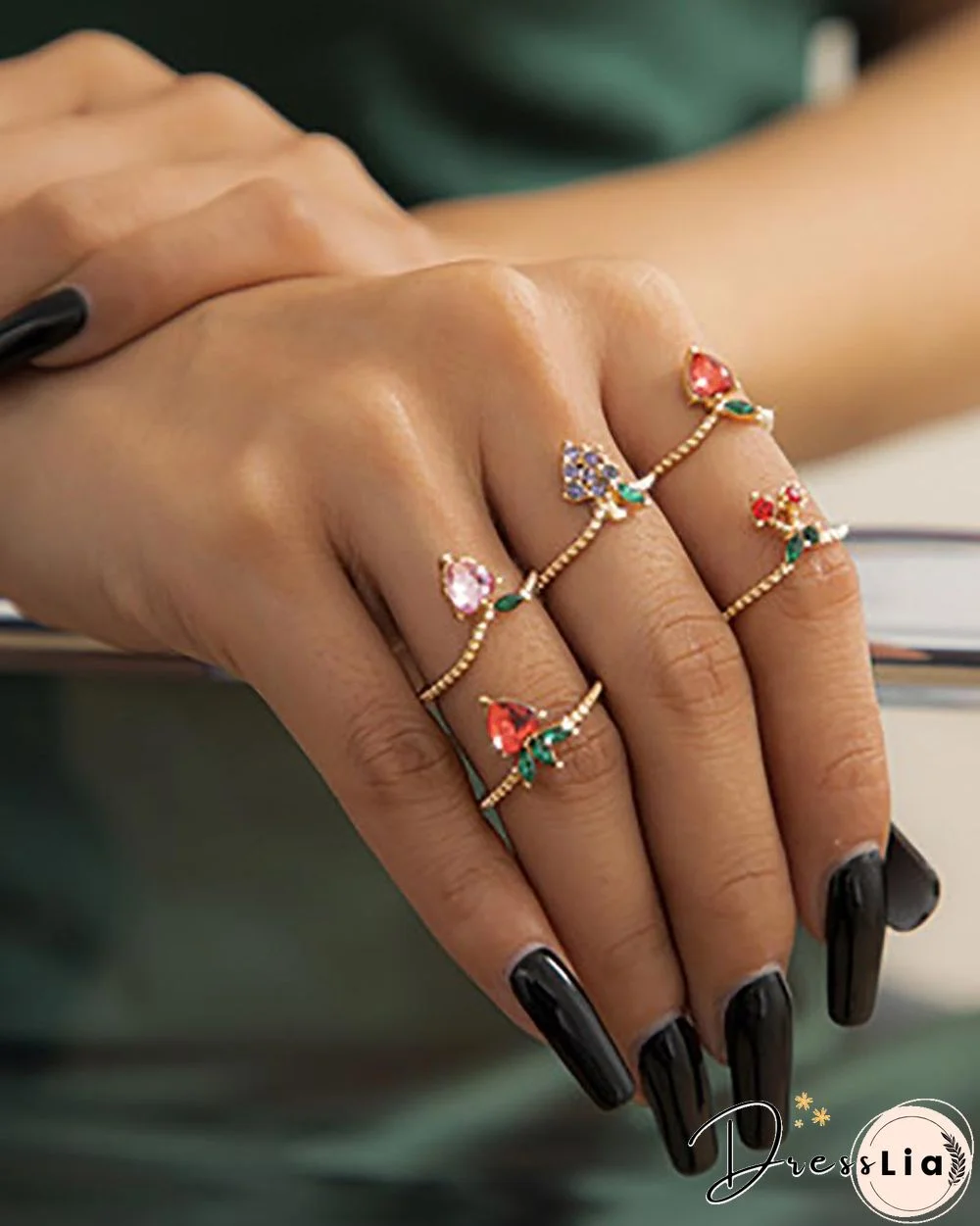 5PCS Fruit Pattern Colorful Studded Rings Set