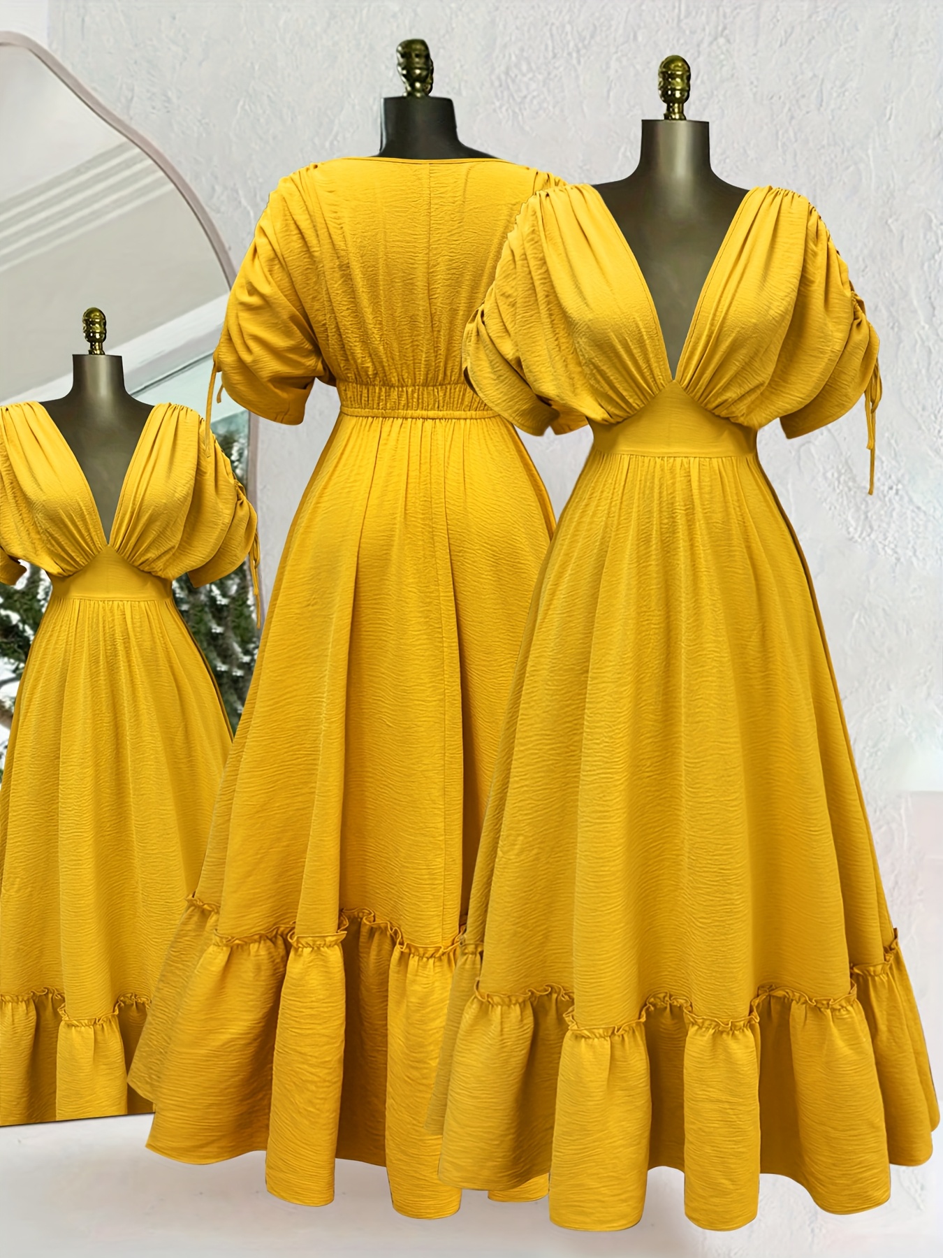 Plus Size, Plus Size Women's Elegant Deep V-Neck Batwing Sleeve Dress - Vibrant Yellow Ruffled Hem, Fitted Waist A-Line Machine Washable For Spring/Summer Vacations, Dates & Gatherings, Date Night Attire, Flowy Fabric Gown, Spring Outfit | IFYHOME