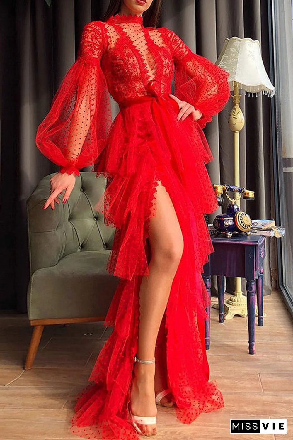 Sexy Red High Split Long Sleeve Evening Dress