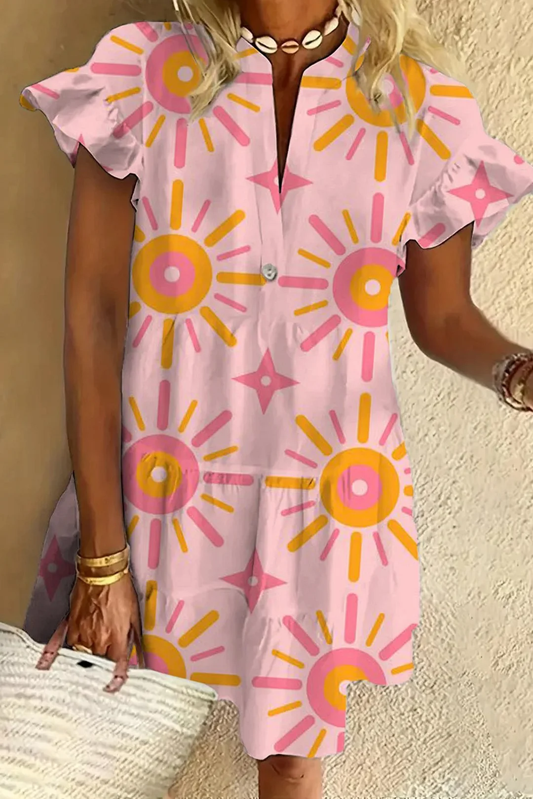 Sun Ruffled Short-sleeved V-neck Buttoned Dress Vacation Beach Dress
