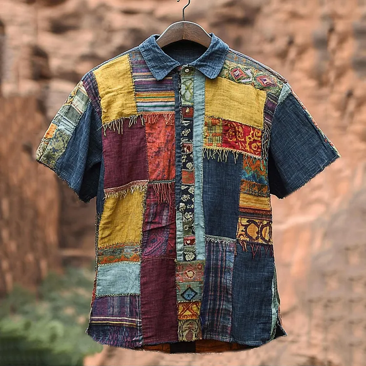 Men's Vintage Spliced ​​​​contrasting Geometric Linen Shirt