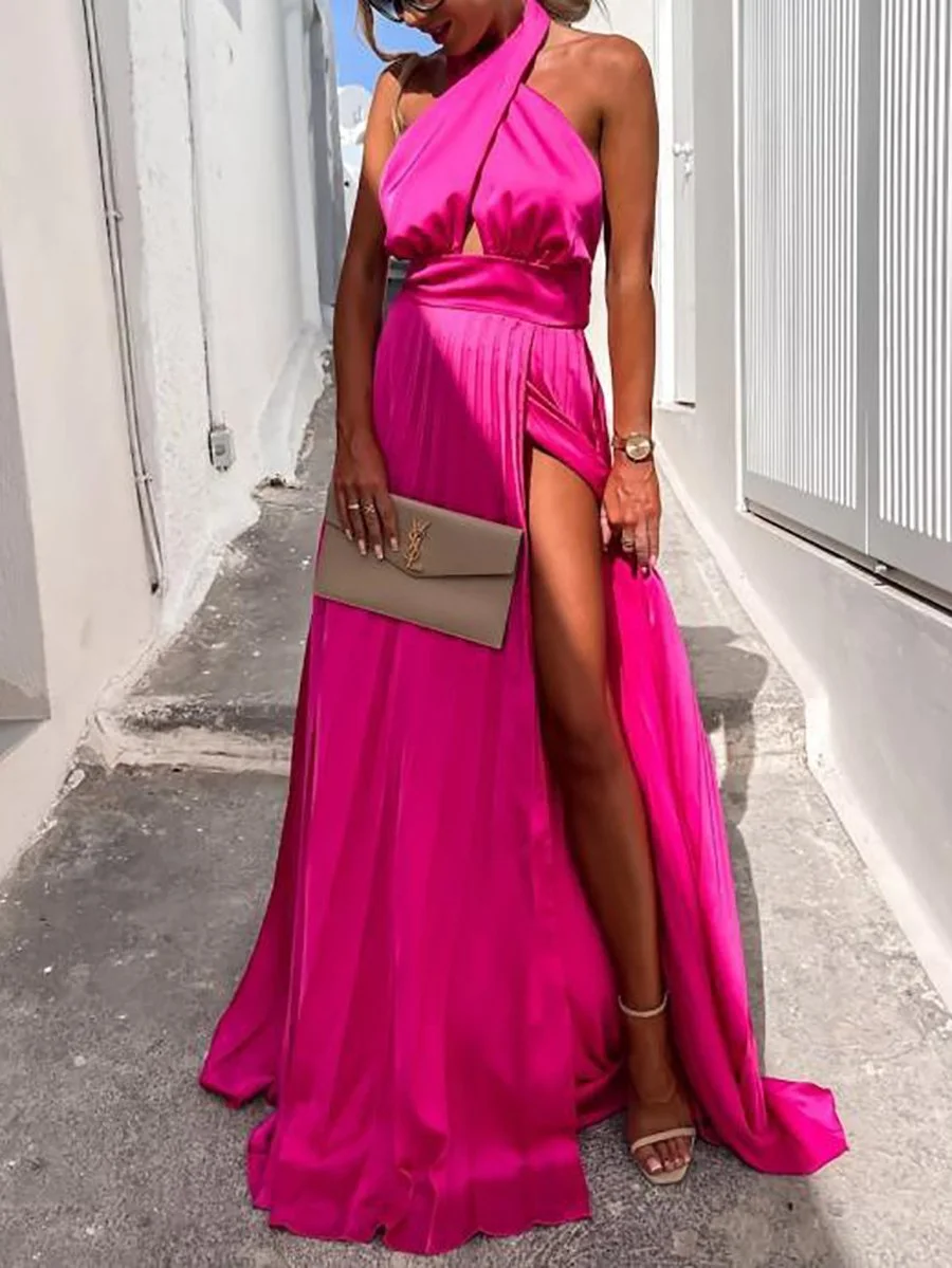 Sleeveless Cross Halter Slit Maxi Dress