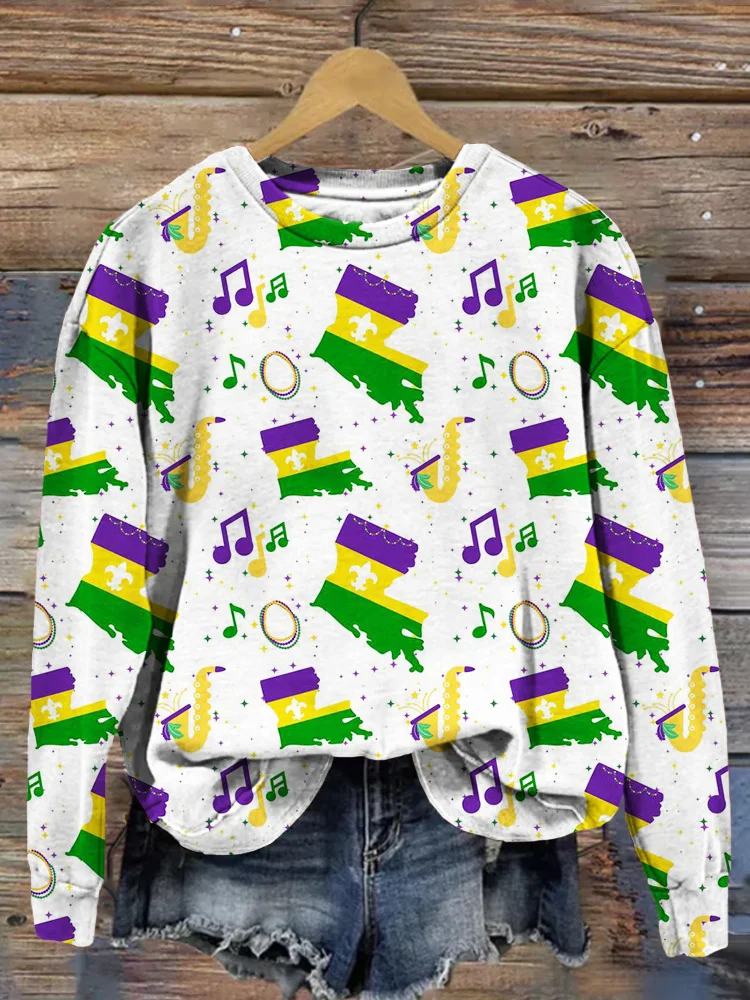 Comstylish Mardi Gras Inspired Music Notes Pattern Comfy Sweatshirt