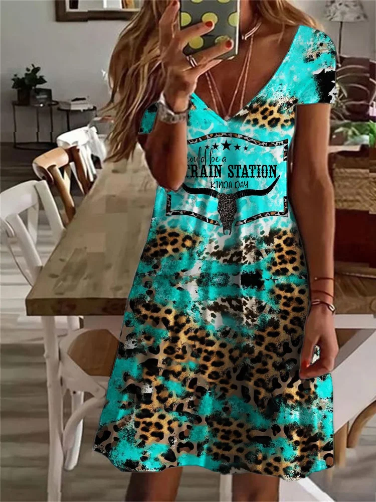 Train Station Kinda Day Bull Skull Cowhide Leopard Midi Dress