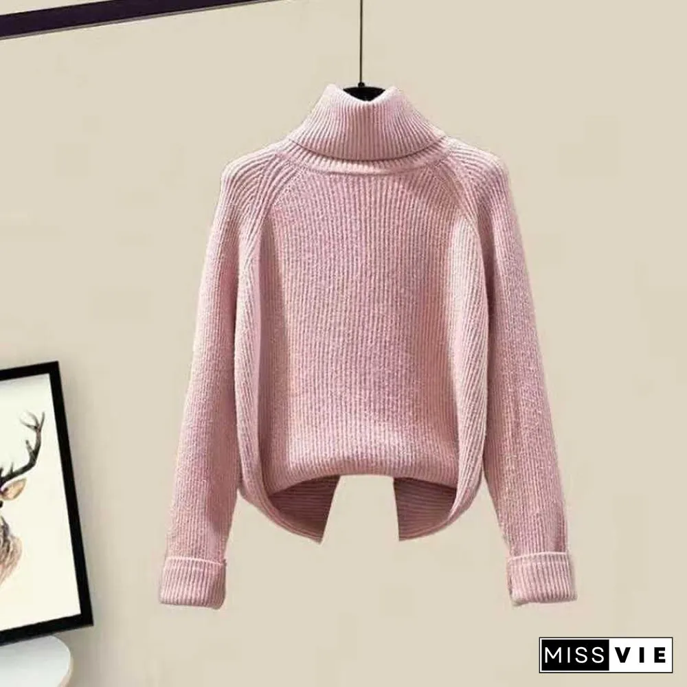 Fleece Hooded Coat Turtleneck Sweater Casual Pants Three Pieces