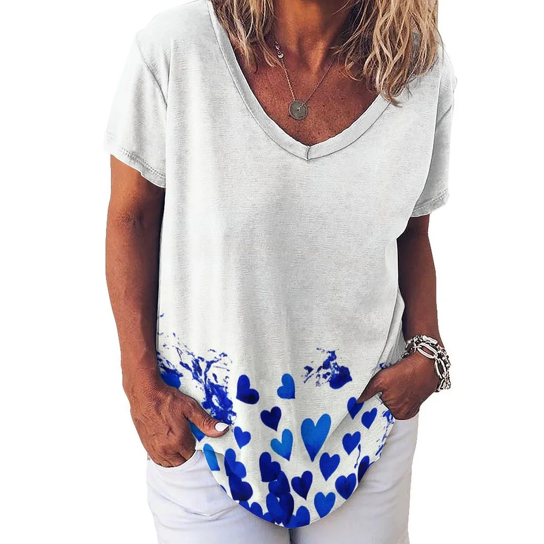 V-neck Short Sleeve Casual T-shirt for  Women Printed with Pattern Hearts, Floral, Blue, Watercolor