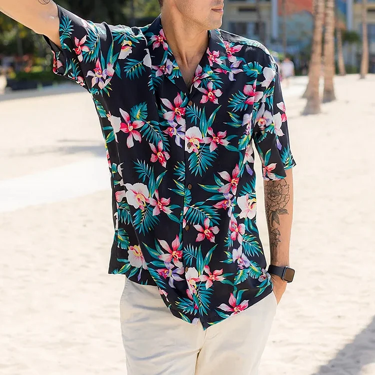 BrosWear Men'S Hawaiian Boho Flowers Short Sleeves Shirt