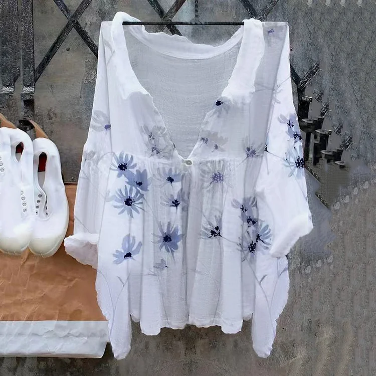 Cotton Linen Style Floral Print Summer Casual Shirts