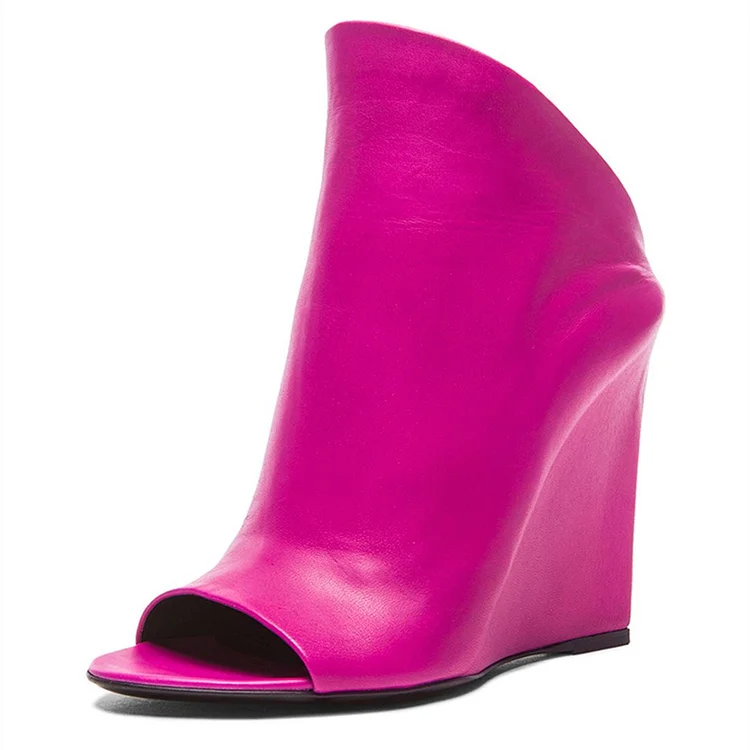 Fuchsia Open-Toe Wedge Mules for Women |FSJ Shoes
