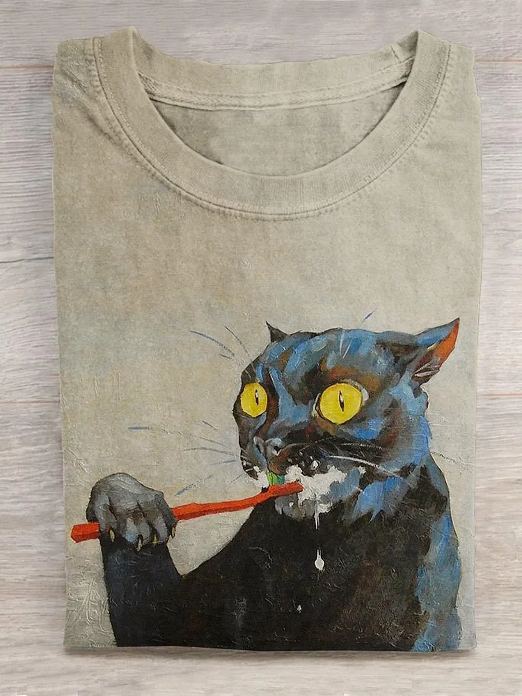 Kitten In Morning Teeth Brushing Routine Painting Printed T-shirt