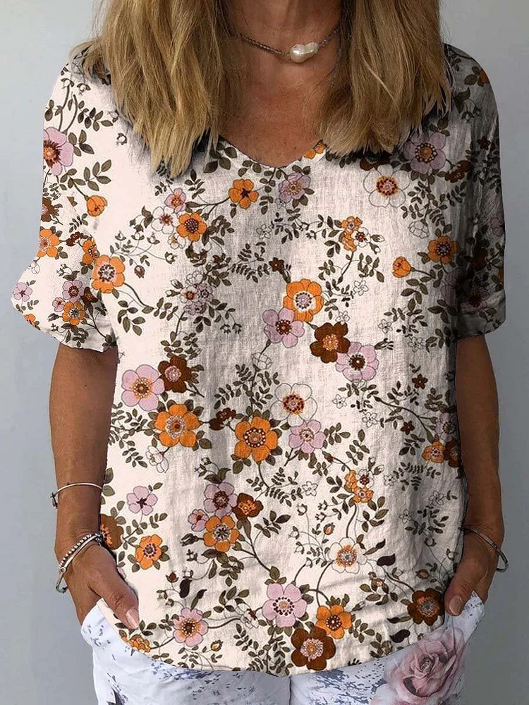 Women's Floral Print Casual Cotton And Linen Shirt