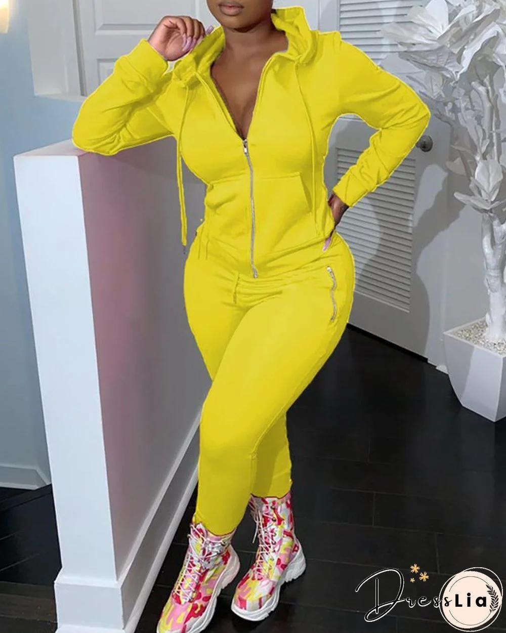 Zipper Design Hooded Top & Pants Set P16450