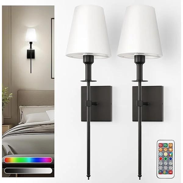 Battery Operated Wall Sconce Set of 2, Black Rechargeable Wall Lights Remote, Sconce Wall Decor Set of 2, 7 Colors Wireless Sconces for Bedroom Living Room Hallway Black 24.6 inch