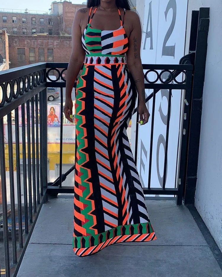 Color Printed One-shoulder Strap Dress