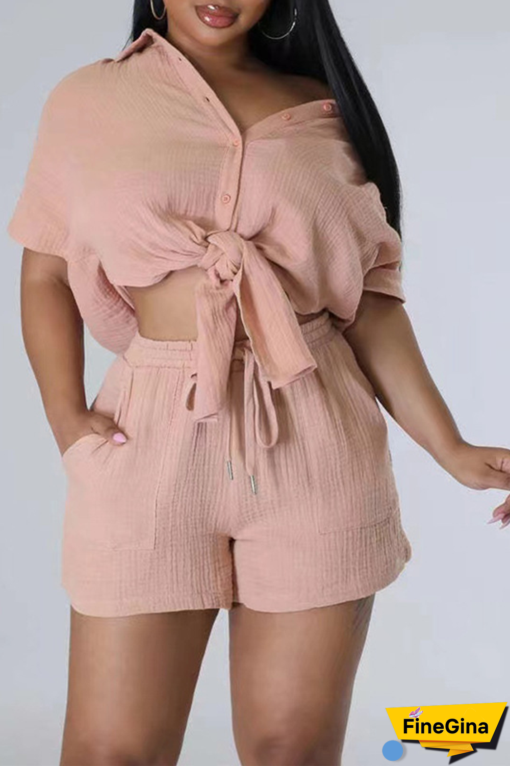 Pink Casual Solid Patchwork Turndown Collar Short Sleeve Two Pieces