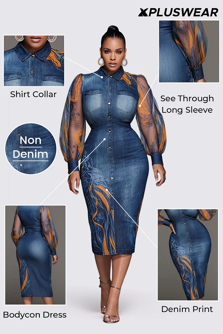 Xpluswear Design Plus Size Business Casual Blue Denim Print Shirt Collar Long Sleeve See Through Elegant Split Midi Dresses Blue-2XL/18-20