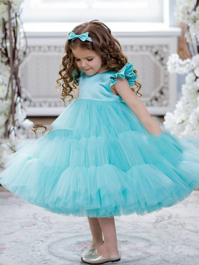 Long Length Cap Sleeve Jewel Neck Flower Girl Dress with Lace Tulle Belt & Crystals Rhinestones