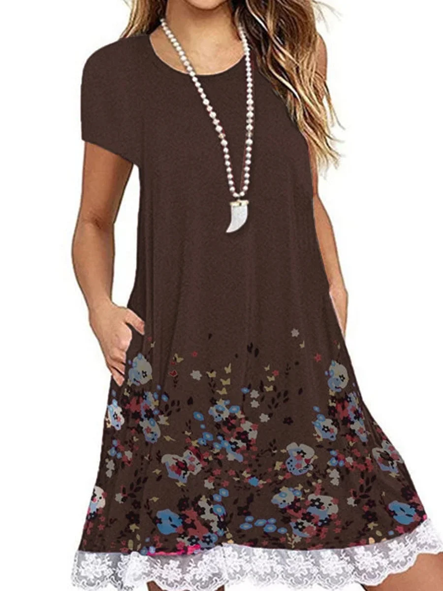 Lace Panel Round Neck Short Sleeve Print Dress