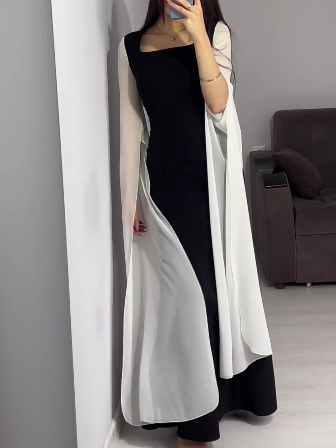 Elegant Bat Sleeves Belted Black and White Patchwork Dress | Oxredo Shop Ramadan Sale