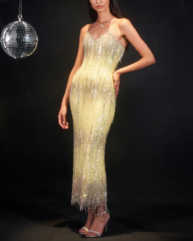 Women's Sleeveless Sequined Feather Dress