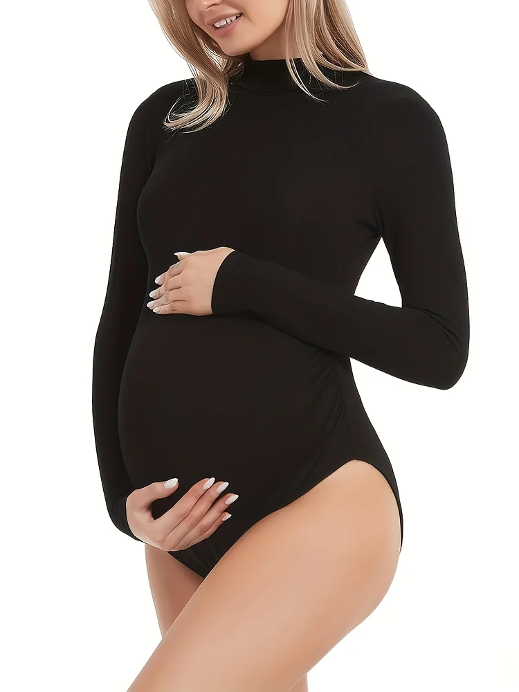 Pregnant Elastic Jumpsuit With Low Round Neck And Long Sleeves, Basic Maternity Shirt For Taking Photo