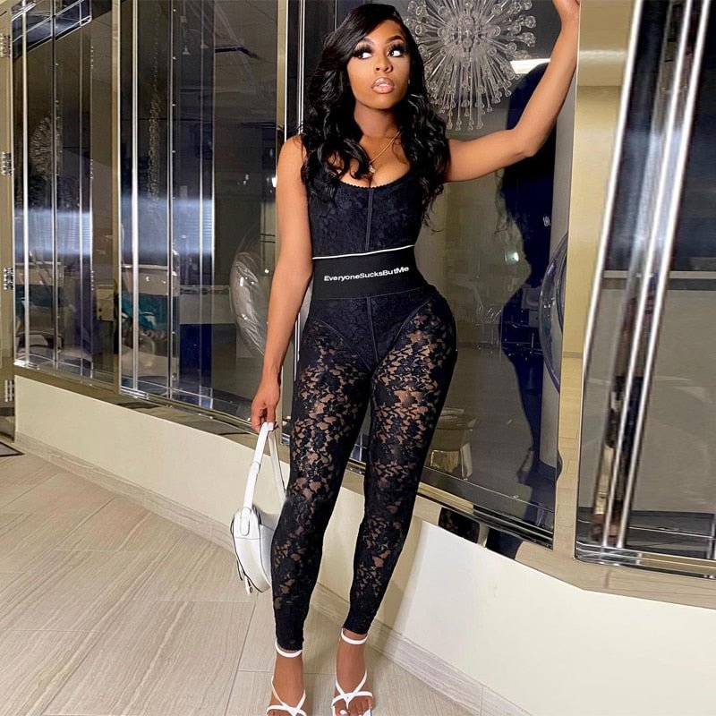 High Waist See-Through Zip Up Bodycon Sleeveless Pencil Jumpsuit Summer Women Fashion Streetwear Casual Club Y2K