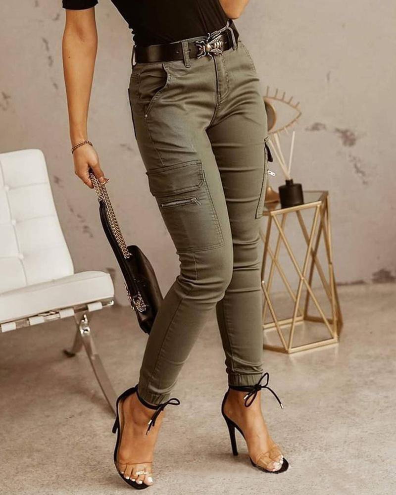 Women's Trousers Low Waist Button Solid Color Pocket Ankle Banded Working Female