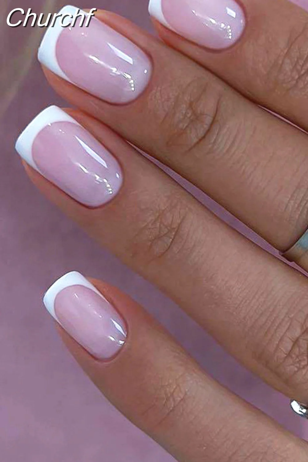 Churchf French White Side False Nails Wearable Rhinestone Desgin Fake Nails Short Simple Nail Full Cover Nail Tips Press On Nails-Nail Inspo