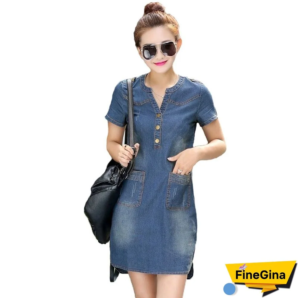 New Arrival Summer Women Denim Dresses Short Sleeves Loose A Word Dresses Plus Sizes V-neck Solid Denim Dresses