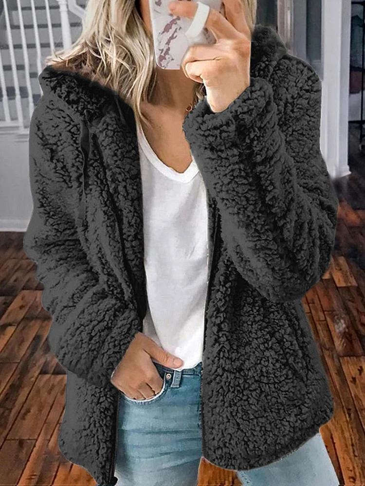 Fashion Zipper Plush Fleece Solid Color Hooded Tops Casual Sweatshirts Coat