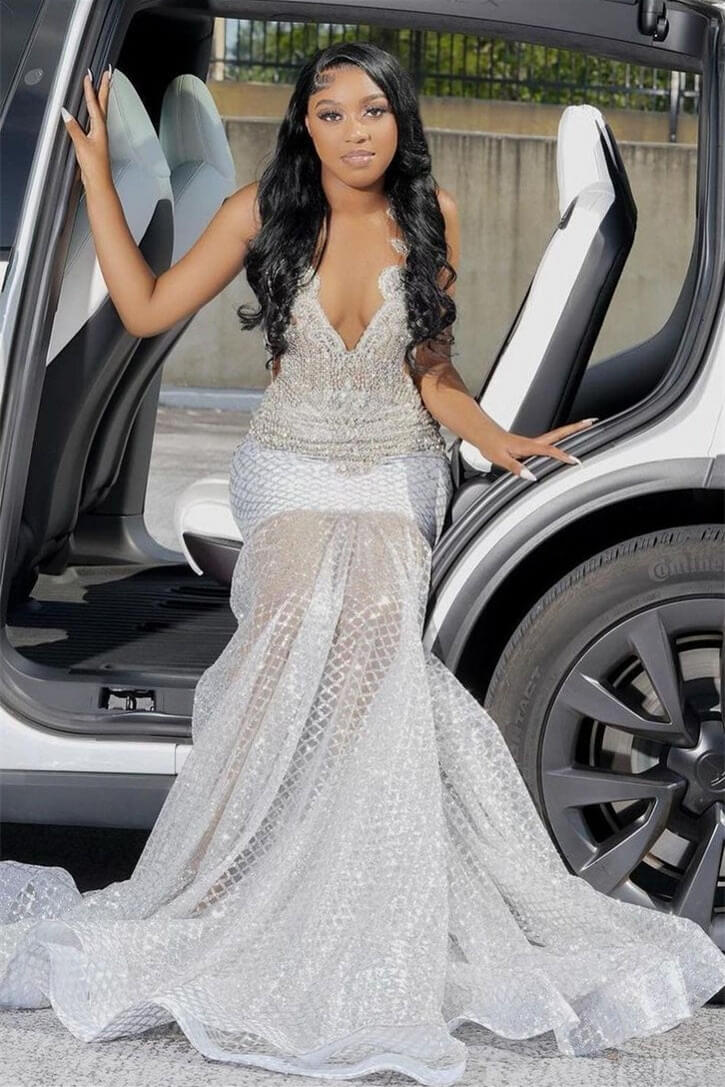 Bellasprom Silver Sleeveless V-Neck Mermaid Prom Dress With Beadings Bellasprom