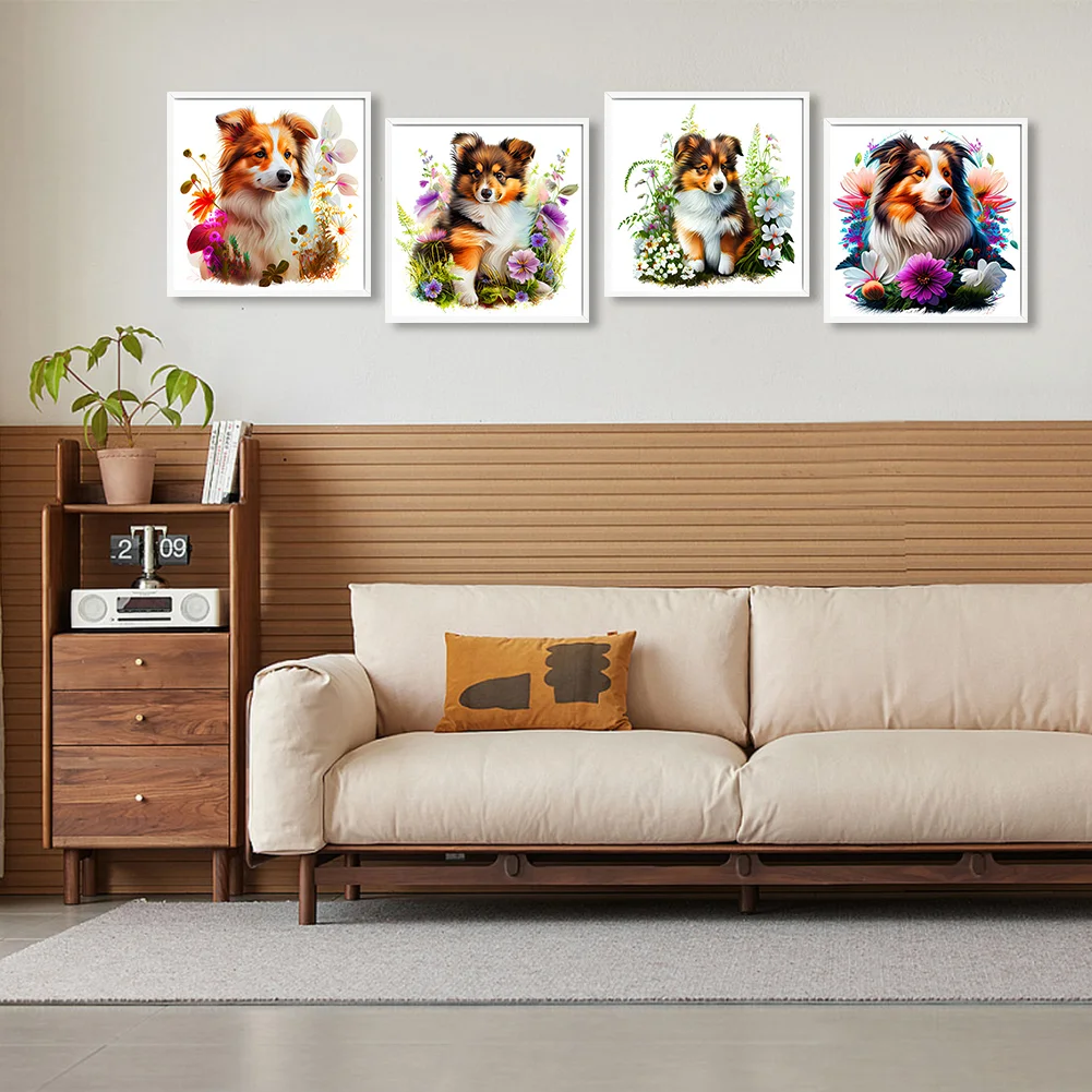4pcs/Set Diamond Painting - Full Round Drill - Flower Dog(Canvas|30*30cm)
