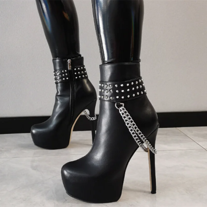 TAAFO Women's Boots Ankle Boots Thin Heel Round Toe Black Party High Heels Platform Large Shoes 