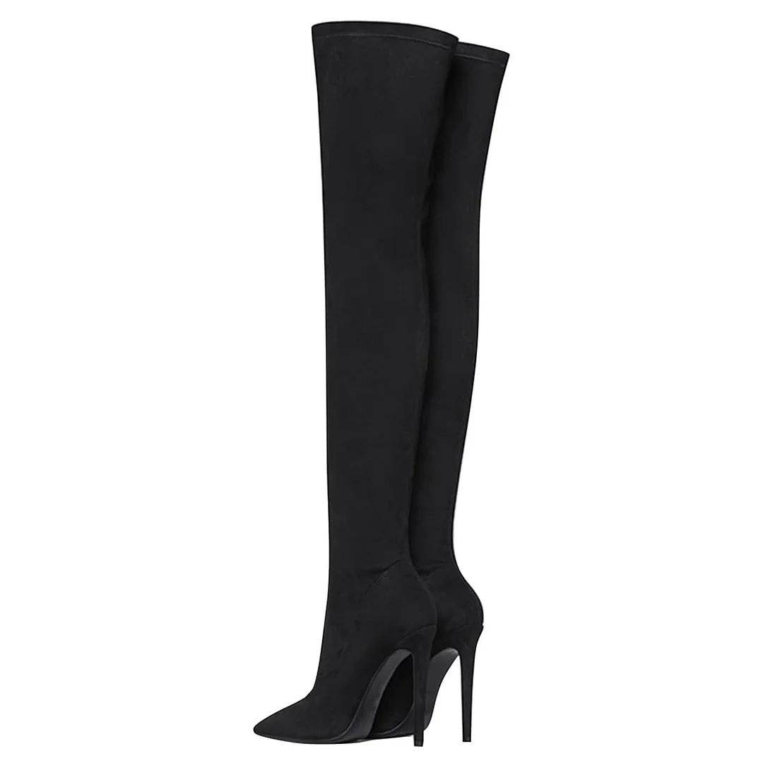 Black Vegan Suede Pointed Toe Stiletto Heel Pull-On Thigh High Boots