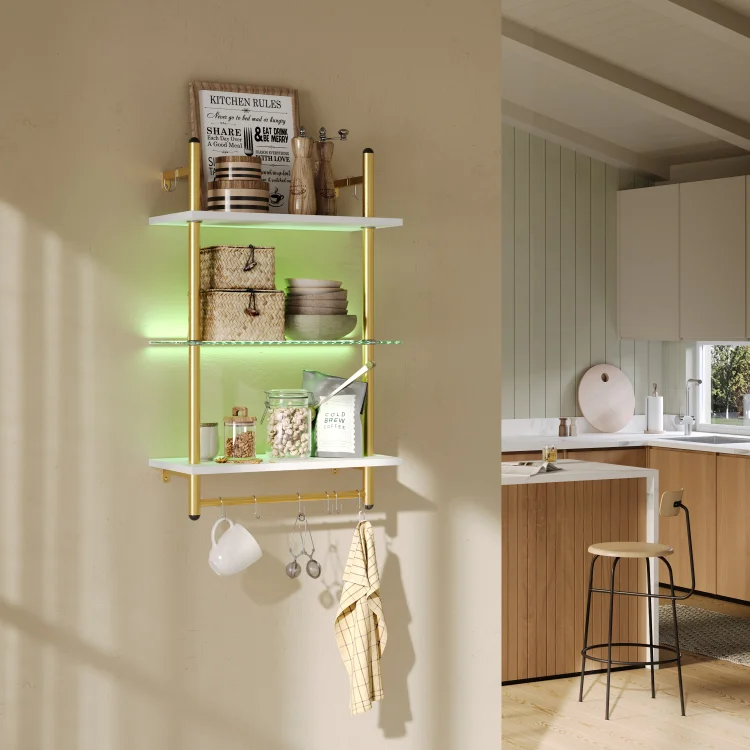 Bestier 3-Tier Floating Shelves for Wall with LED Light Wall-Mounted Wood Shelves