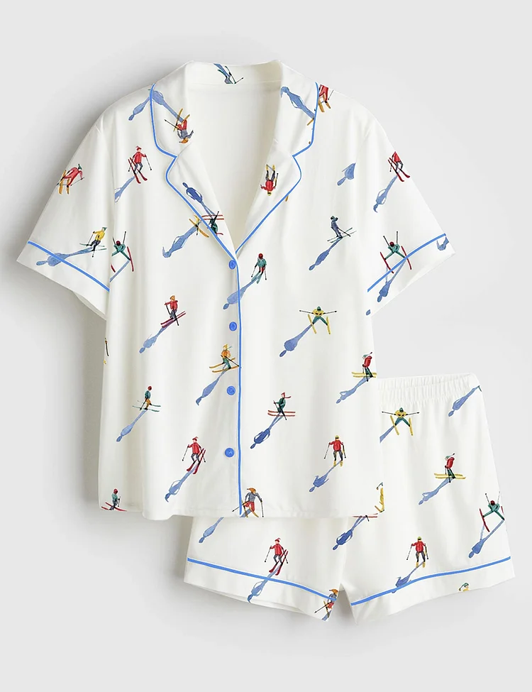 Women&rsquo;s Apres Ski Mini Skier Minimalist Watercolor Ski Print Short Sleeve Satin Pajama Set