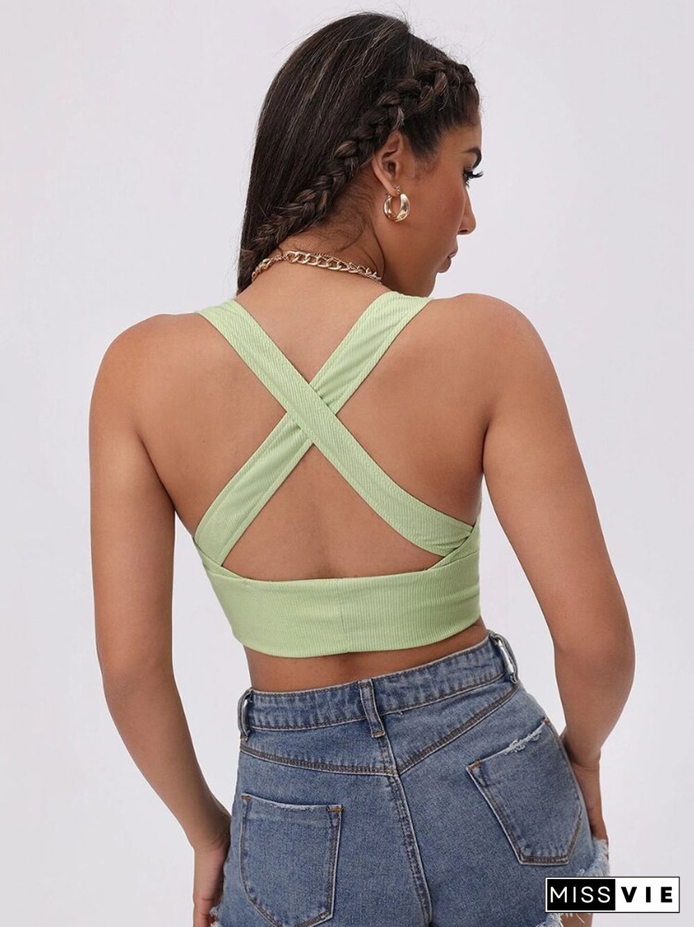 Summer Sports Slim Solid Color V-neck Coat Suspenders All-match Open-back Vest Fashion Casual Vitality Women's Clothing Tops