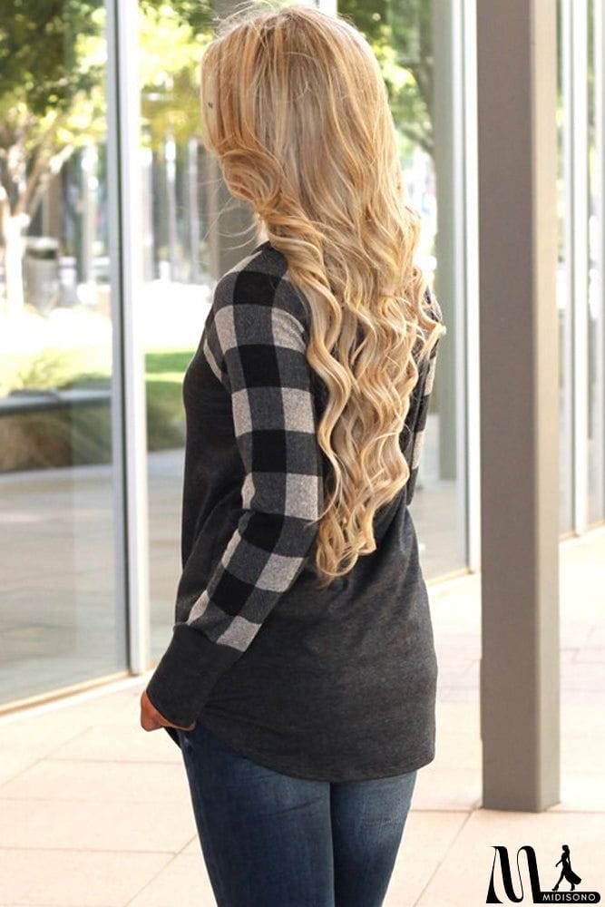MidiSono - Monochrome Plaid Sleeve Charcoal Top