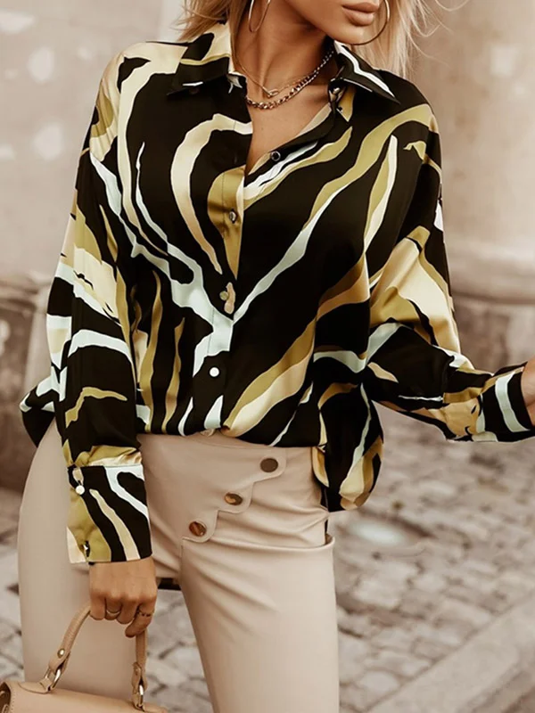 Buttoned Printed Long Sleeves Loose Lapel Blouses&Shirts Tops