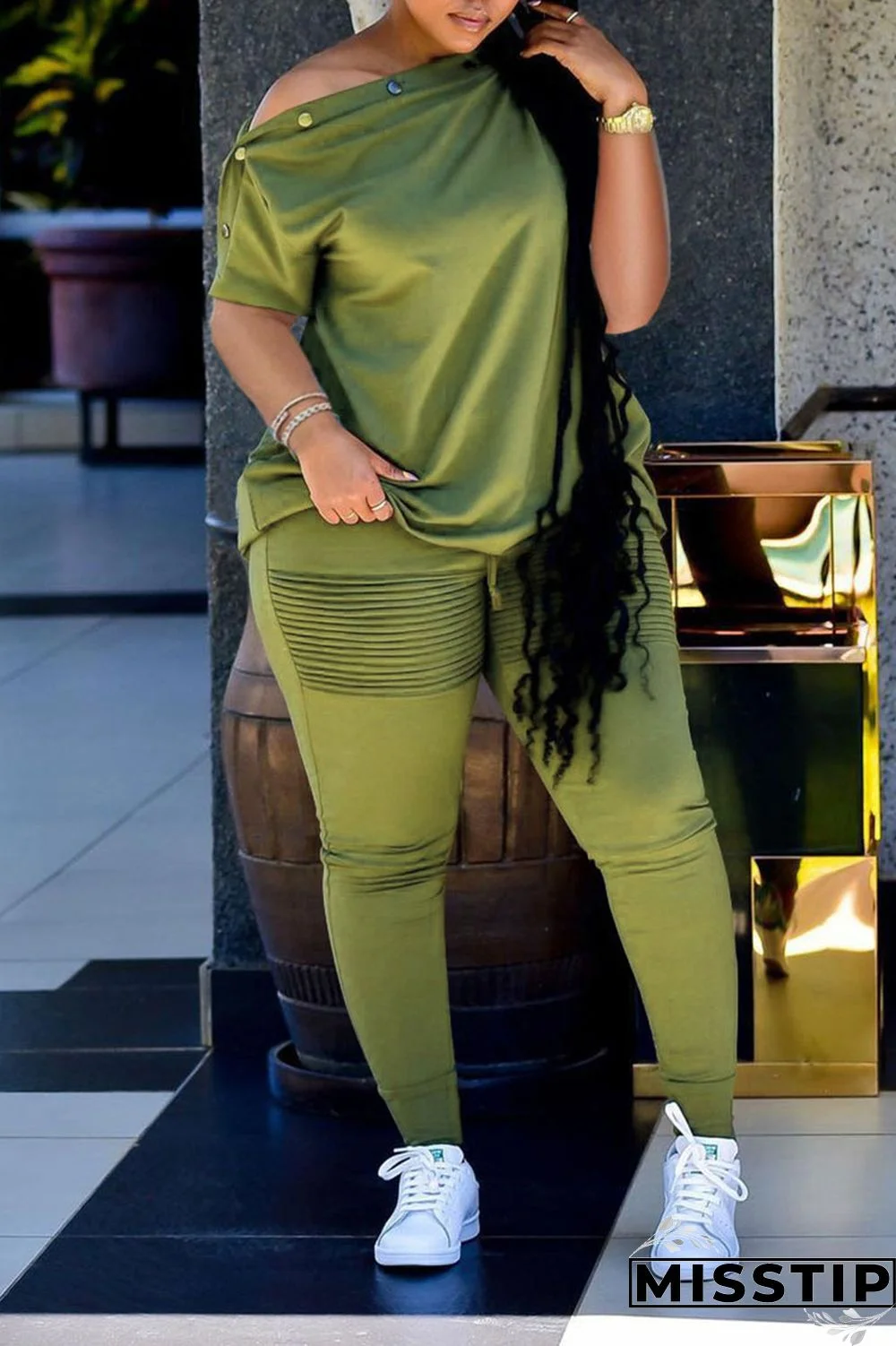 Black Casual Solid Patchwork Oblique Collar Short Sleeve Two Pieces