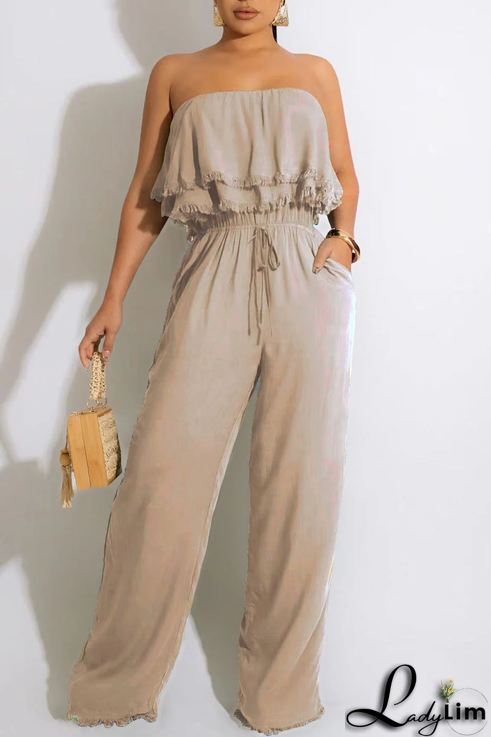 Khaki Casual Solid Patchwork Strapless Straight Jumpsuits