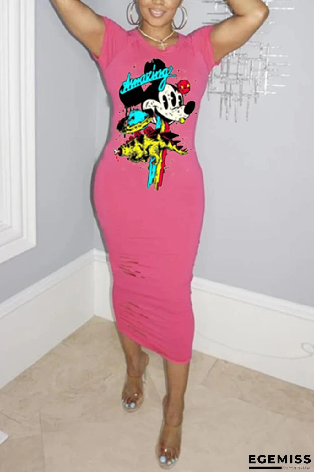 Pink Fashion adult Sexy Cap Sleeve Short Sleeves O neck A-Line Mid-Calf hole Print asymmetrical | EGEMISS