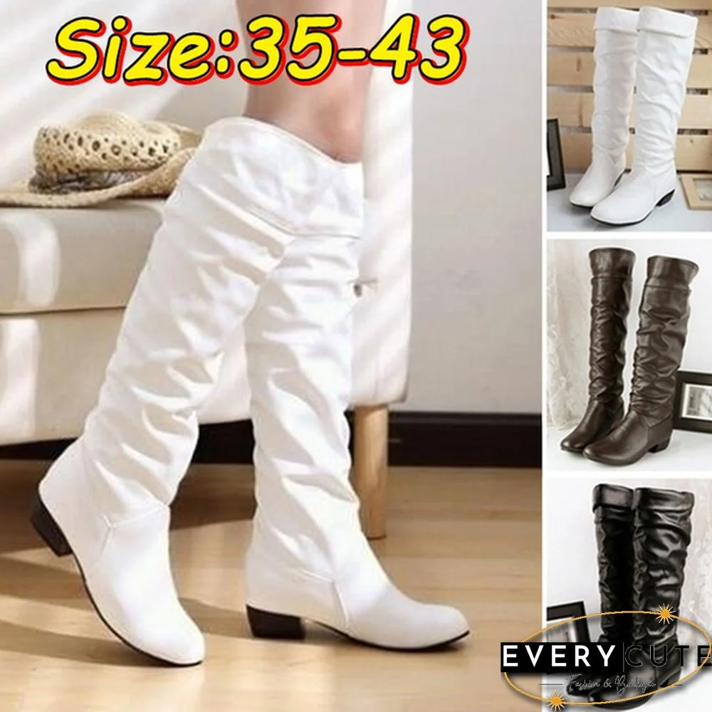 Autumn And Winter Women's Knee High Boots Warm Leather Boots Low Heel Half Boots Knight Boots
