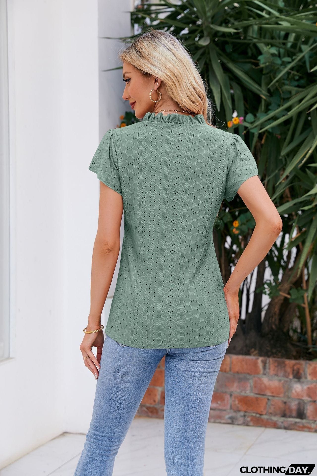 Notched Neck Puff Sleeve Blouse