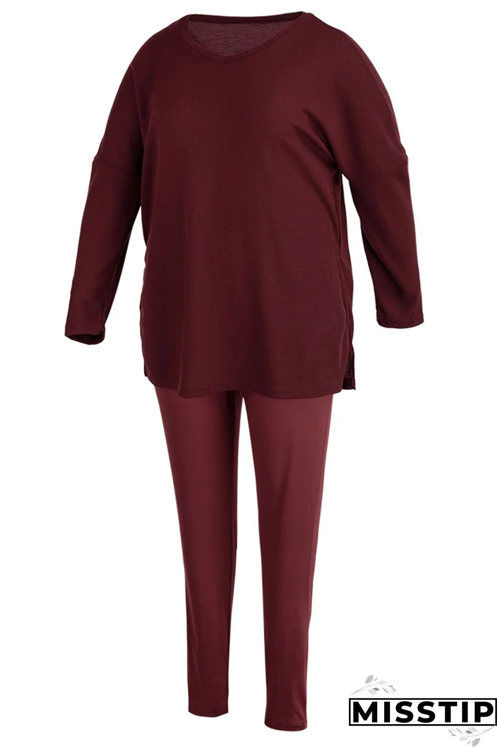 Rose Red Casual Solid Patchwork Slit V Neck Plus Size Two Pieces