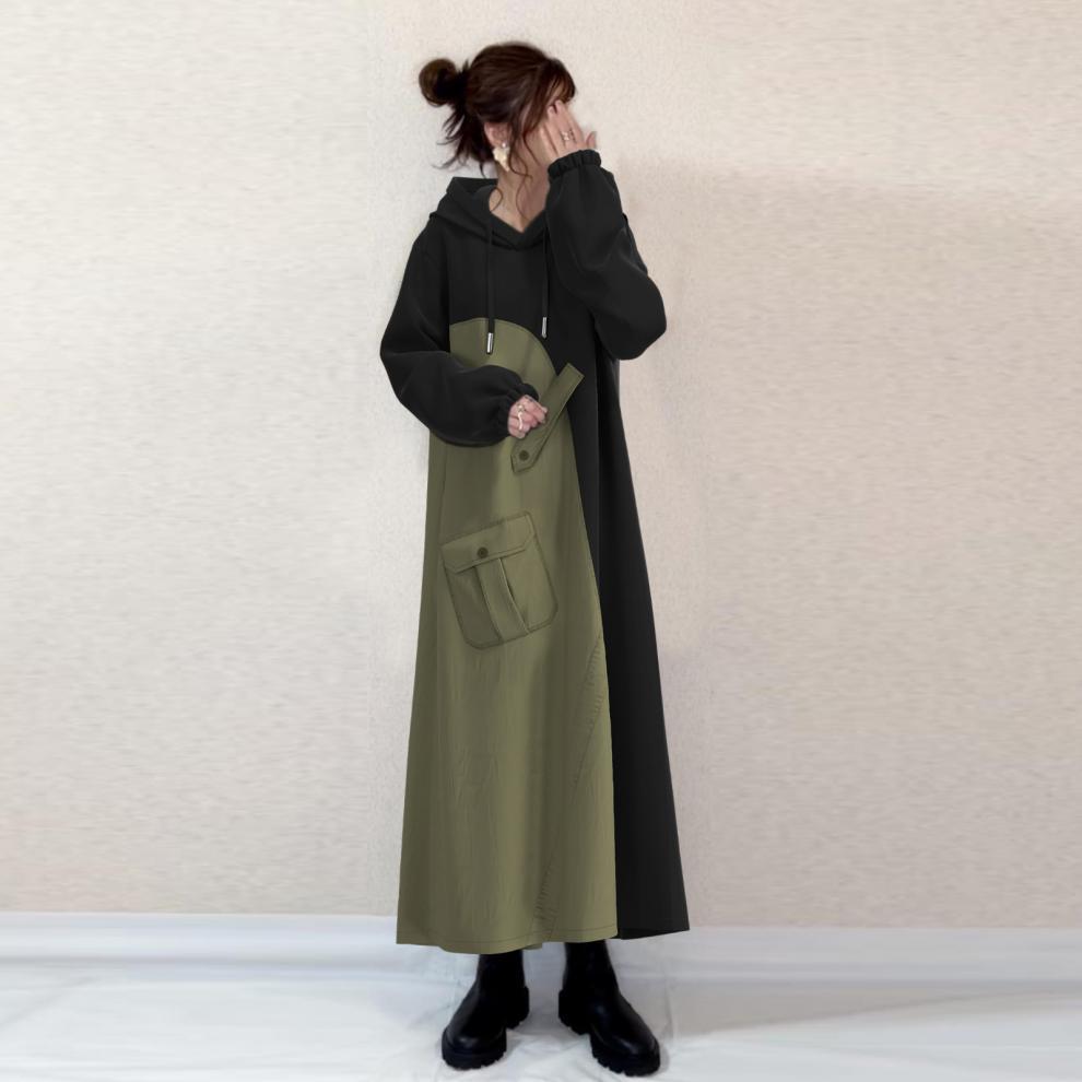 Casual Colorblocked Drawstring Hooded Sweatshirt Dress