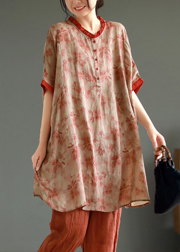 VCSHOES Red Ruffled Print Patchwork Linen Mid Dress Summer