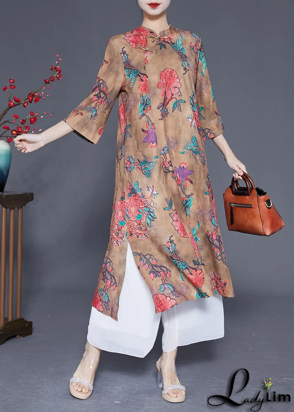 Chinese Style Khaki Print Side Open Silk Dresses Bracelet Sleeve