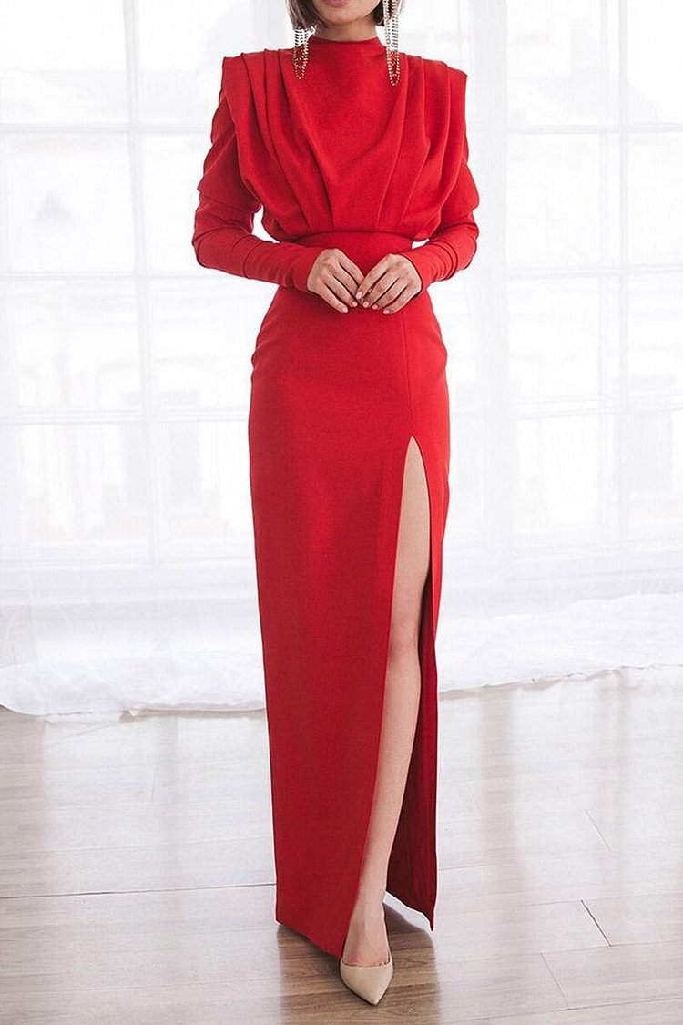 Full Length Red Long Sleeve High Split Evening Gown - Life is Beautiful for You - SheChoic