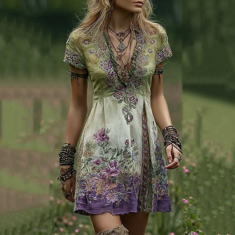 VChics Vintage Gradient Purple Floral Embroidered Patchwork Linen Dress
